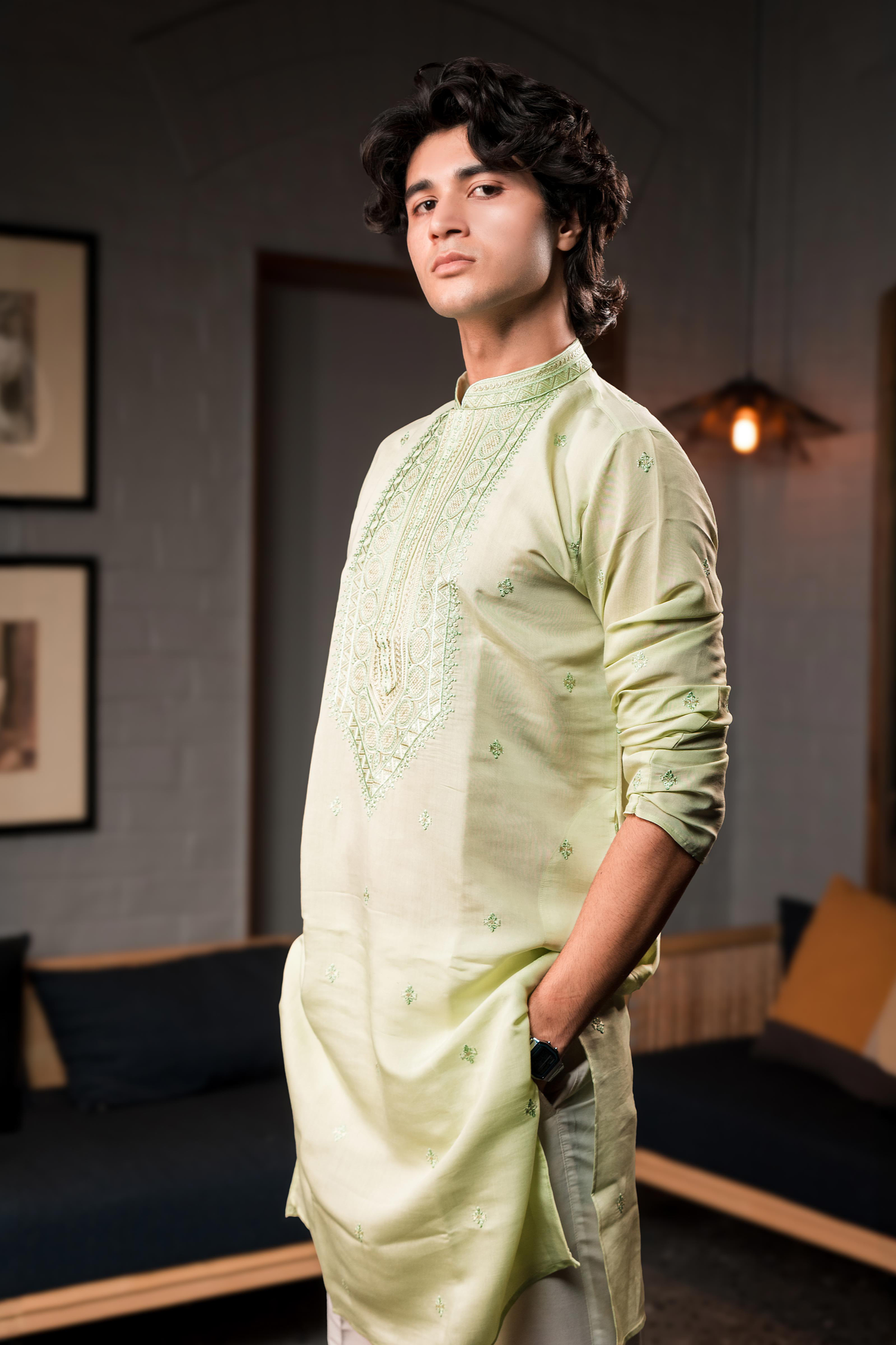 Pista Green Silk embroidered Kurta.