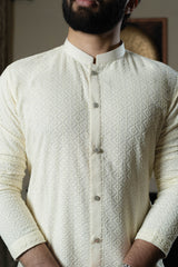 Cream front open chikan kurta