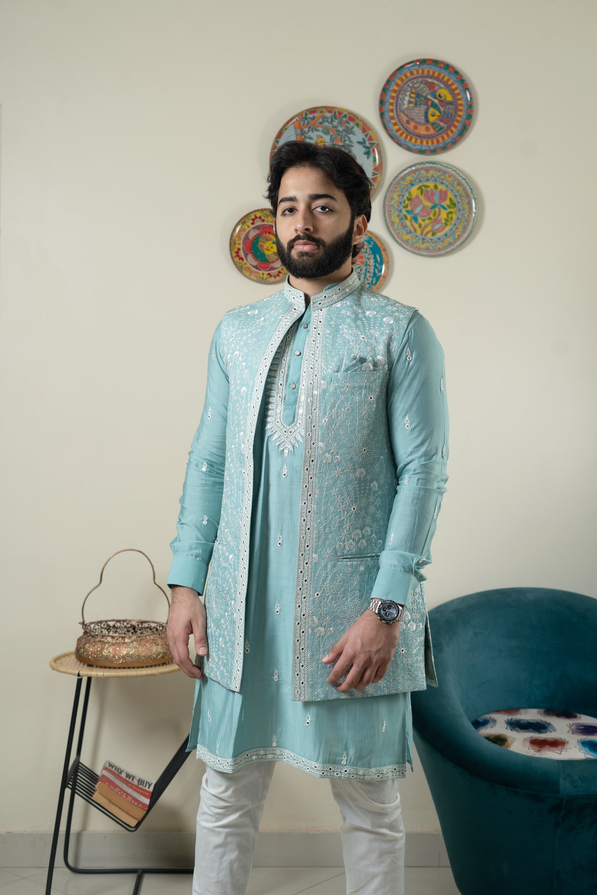 Powder blue kurta jacket set with churidar