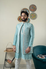 Powder blue kurta jacket set with churidar