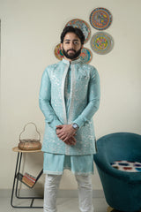 Powder blue kurta jacket set with churidar