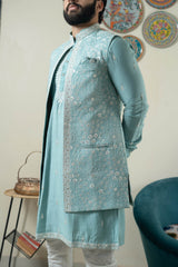 Powder blue kurta jacket set with churidar