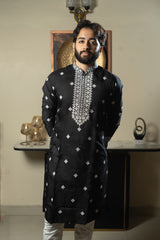 Black silk kurta with embroidery